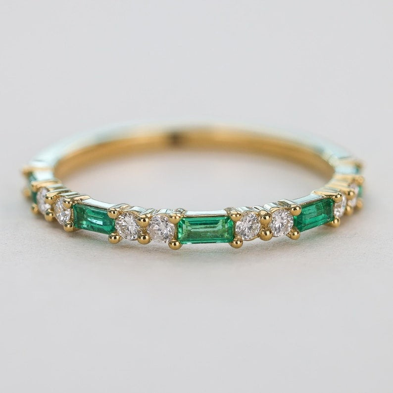 Emerald Baguette and Diamond Alternating Eternity Ring