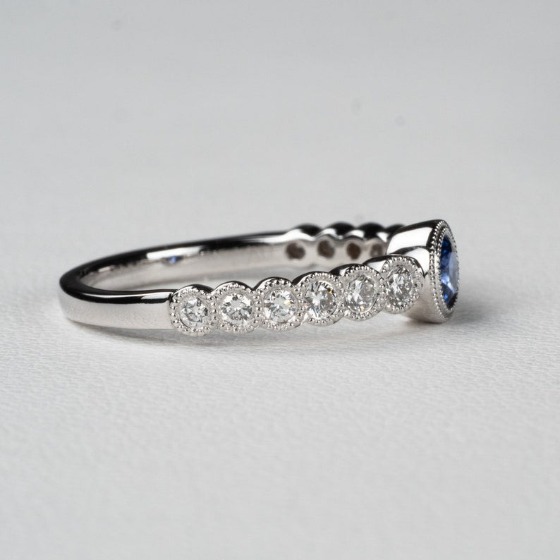 Sapphire Diamond Milgrain Engagement Ring