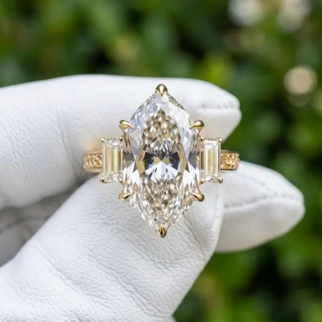 4 CT Dutch Marquise Cut Lab Grown Diamond Ring IGI Certified | Three Stone Engagement Ring with 1.50 CT Lab Grown Emerald Cut Side Diamonds