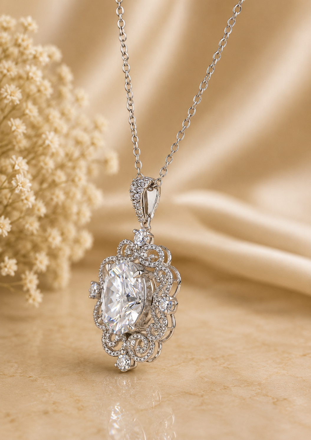Oval Cut Diamond Halo Pendant Necklace, Vintage Inspired 18K Gold Chain
