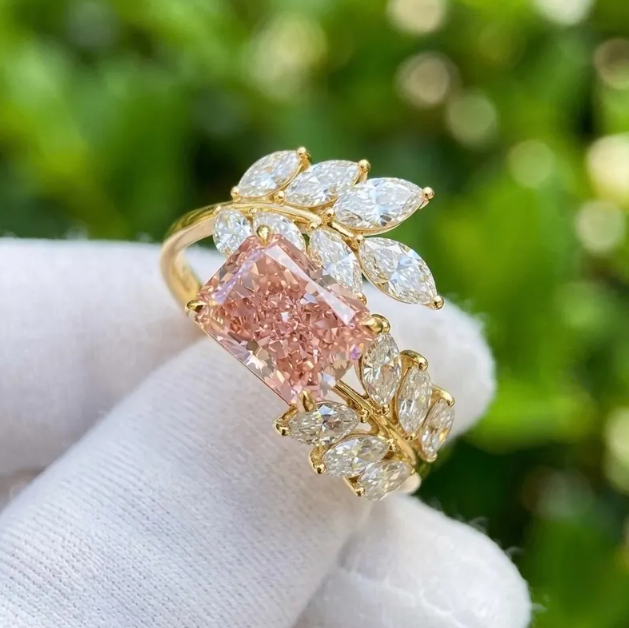 2 CT Radiant Cut Pink Lab Grown Diamond Engagement Ring | IGI Certified | Marquise Leaf Branch Ring | Nature Inspired Toi Et Moi Bypass Ring