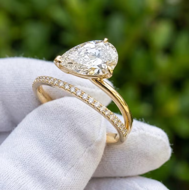 2-3 CT IGI Certified E VVS2/VS1 Pear Shape Lab Grown Diamond Engagement Ring | Bypass Pavé Band | 10k 14k 18k Gold or Platinum or silver