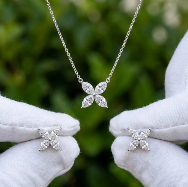 6CTW Lab Grown Diamond E VVS2/VS1 Marquise Flower Pendant Necklace & Stud Earrings Set | 1.5mm Chain | Elegant Floral Diamond Jewelry Set