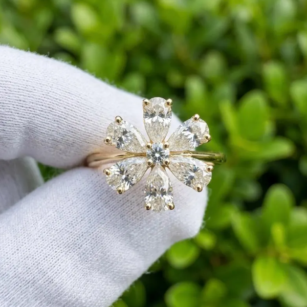 3 TCW Lab Grown Diamond Flower Engagement Ring E VVS2/VS1 - Unique Pear Cut Diamond Petal Ring - Vintage Inspired Cluster Ring