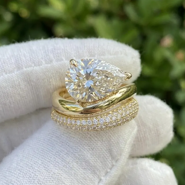 2 CT / 3 CT Pear Cut E VVS2 Lab Grown Diamond Bridal Set, IGI Certified Diamond, Twisted Engagement Ring with Pave Wedding Band, 2 Ring Set