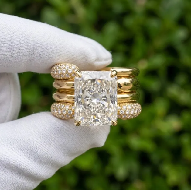 3 CT Radiant Cut E VVS2/VS1 IGI Certified Lab Grown Diamond Ring Set | 4 Piece Matching Wedding Band Set | Gold Bridal Stackable Ring Set