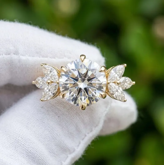 E VVS2/VS1 IGI Certified 2CT to 5CT Round Cut Lab Grown Diamond Engagement Ring | 6 Marquise Side Stones | Floral Leaf Inspired Bridal Ring