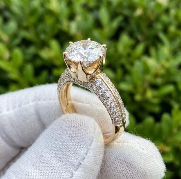 2CT E VVS2/VS1 Round Lab Grown Diamond Engagement Ring | IGI Certified Gold Pave Band | Hidden Halo Diamond Ring | Bridal Ring