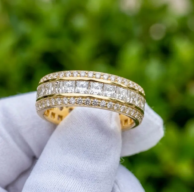Luxury 7MM width Princess Cut Lab Grown Diamond Eternity Band, 3/4 Triple Row Diamond Wedding Ring, Channel Set Gold Anniversary Band