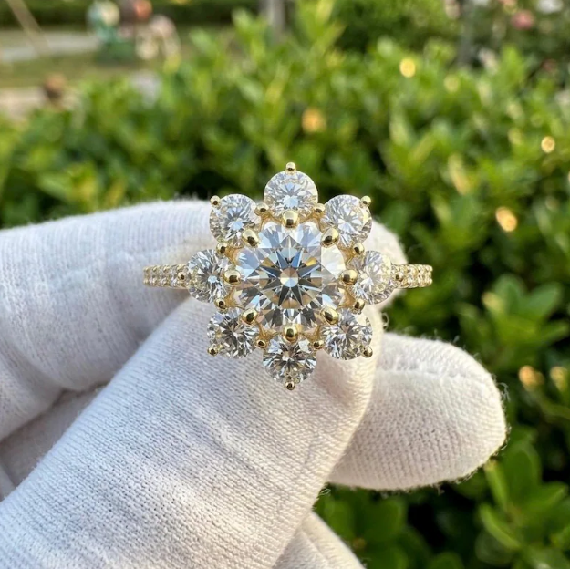 3 CTW Round E VVS2/VS1 Lab Grown Diamond Floral Halo Ring, IGI Certified Diamond Engagement Ring, Flower Cluster Ring, Vintage Bridal Ring