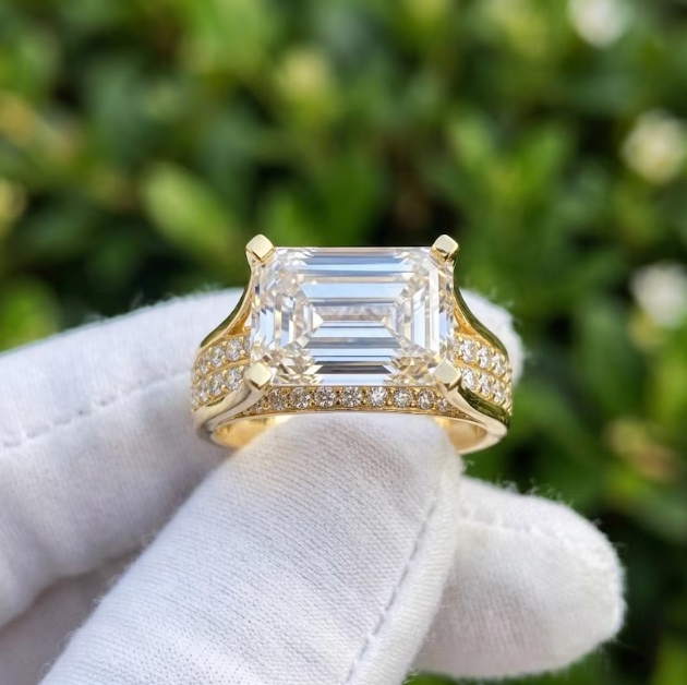 Emerald Cut E VVS2/VS1 Lab Grown Diamond Engagement Ring, 2ct - 4ct IGI Certified Lab Diamond, Floating Solitaire Pave Band