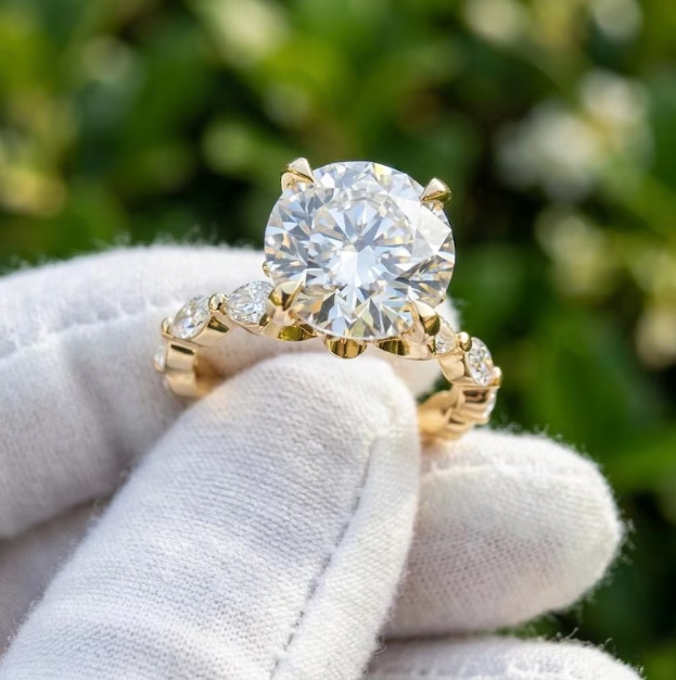 3CT 4CT 5CT Round E VVS2/VS1 Lab Grown Diamond Engagement Ring | IGI Certified Solitaire Ring | Marquise Side Diamond Band | Promise Ring