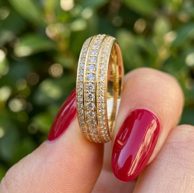6mm Wide Gold Pave Band, Triple Row Micro Pave Ring, Chunky Labgrown Diamond Wedding Band, Heavy Gold Statement Ring, Gold Multi Row Ring