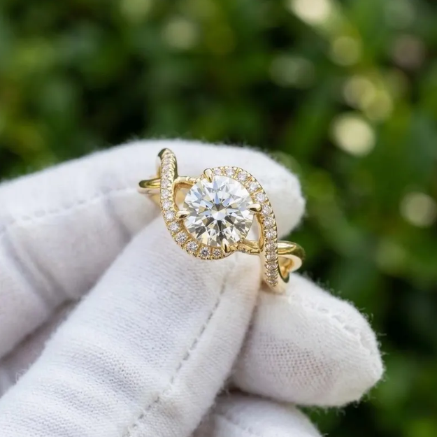 1–5 CT IGI Certified E-VVS2 Round LabGrown Diamond Ring | 14k Gold Round Cut Halo Twisted Band Engagement Ring | Unique Infinity Style Ring