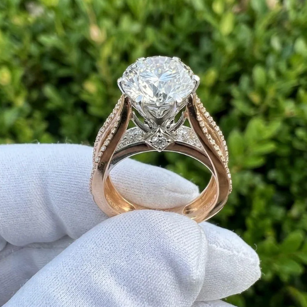 3CT Round E VVS2/VS1 Lab Grown Diamond Engagement Ring, 14K Two Tone Gold Triple Row Split Shank Ring, IGI Certified Diamond Ring