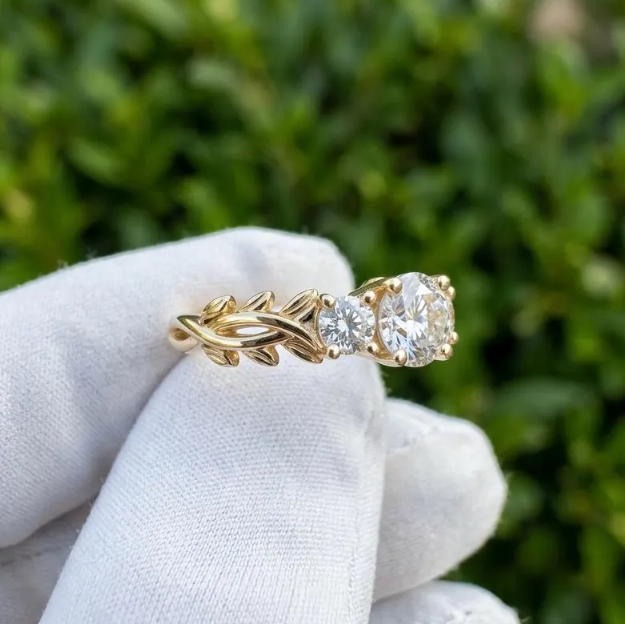 2.30 TCW Round Brilliant Lab Grown Diamond Ring, Three Stone Yellow Gold Engagement Ring, Vintage Ornate Filigree Band, Trilogy Diamond Ring