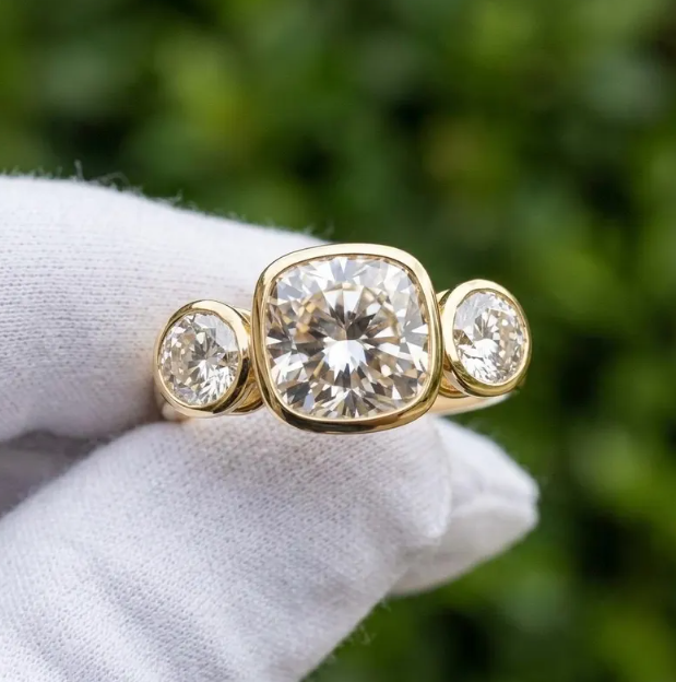 3CTW Carat Cushion Cut E VVS2/VS1 Lab Grown Diamond 3 Stone Ring | IGI Certified 2.00 Center | Bezel Set Engagement Ring | Gold Bridal Ring