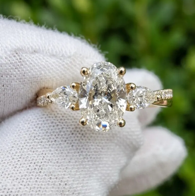 3 CT IGI Certified E VVS2 Oval Lab Grown Diamond Engagement Ring, Three Stone Pear Side Diamond Ring, IGI Certified Diamond Ring for Women