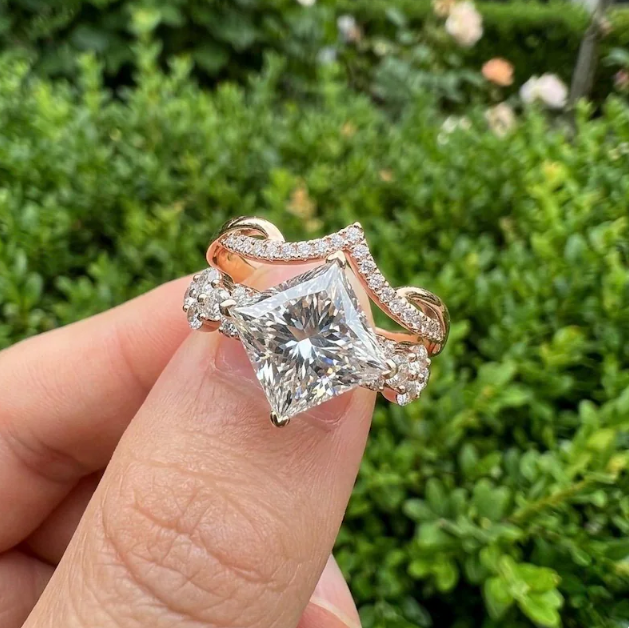 3 CT Princess Cut E VVS2/VS1 Lab Grown Diamond Ring IGI Certified, Twisted Split Shank Engagement Ring, Unique Bridal Ring