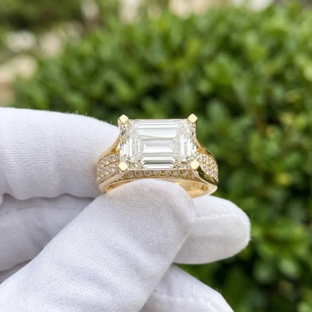 Emerald Cut E VVS2/VS1 Lab Grown Diamond Engagement Ring, 2ct - 4ct IGI Certified Lab Diamond, Floating Solitaire Pave Band