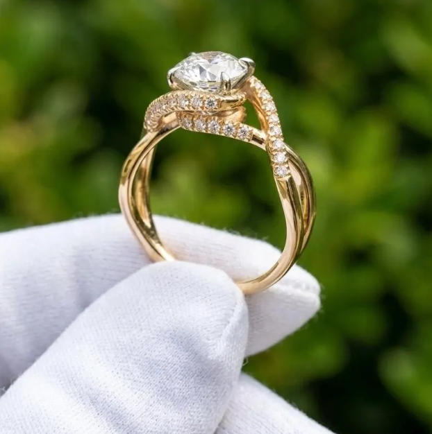 1–5 CT IGI Certified E-VVS2 Round LabGrown Diamond Ring | 14k Gold Round Cut Halo Twisted Band Engagement Ring | Unique Infinity Style Ring