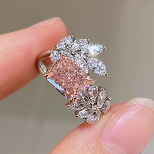 2 CT Radiant Cut Pink Lab Grown Diamond Engagement Ring | IGI Certified | Marquise Leaf Branch Ring | Nature Inspired Toi Et Moi Bypass Ring