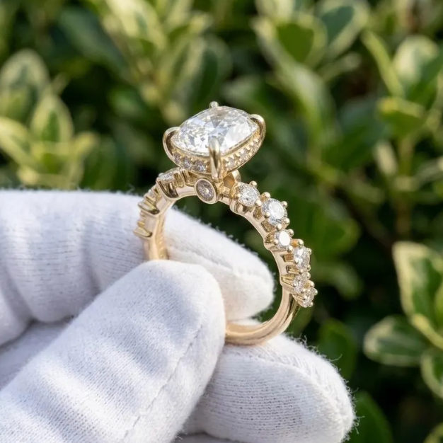 3 CT E VVS2 IGI Certified Oval Lab-Grown Diamond Engagement Ring with Hidden Halo & Scalloped Bubble Band in Yellow Gold