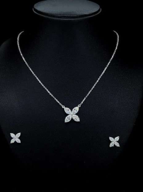 6CTW Lab Grown Diamond E VVS2/VS1 Marquise Flower Pendant Necklace & Stud Earrings Set | 1.5mm Chain | Elegant Floral Diamond Jewelry Set