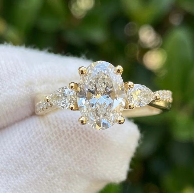 3 CT IGI Certified E VVS2 Oval Lab Grown Diamond Engagement Ring, Three Stone Pear Side Diamond Ring, IGI Certified Diamond Ring for Women