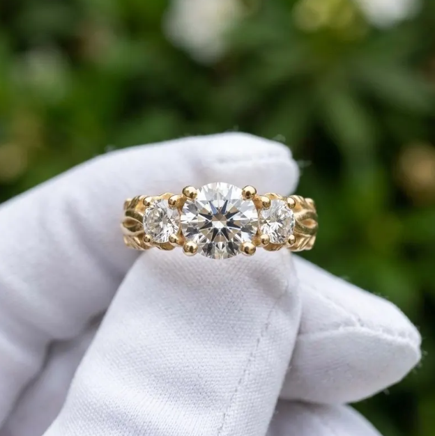 2.30 TCW Round Brilliant Lab Grown Diamond Ring, Three Stone Yellow Gold Engagement Ring, Vintage Ornate Filigree Band, Trilogy Diamond Ring