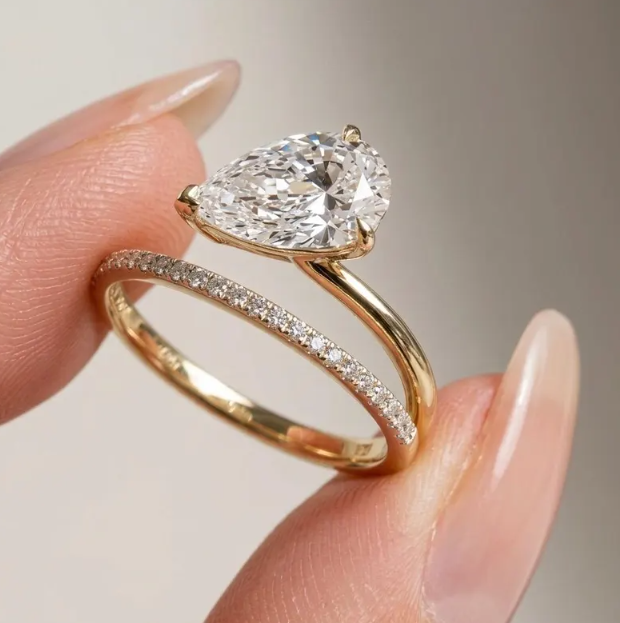 2-3 CT IGI Certified E VVS2/VS1 Pear Shape Lab Grown Diamond Engagement Ring | Bypass Pavé Band | 10k 14k 18k Gold or Platinum or silver