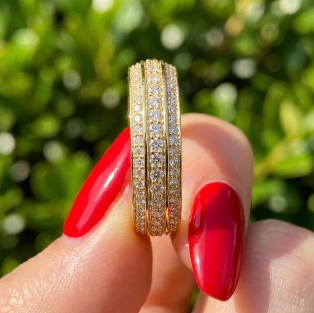 6mm Wide Gold Pave Band, Triple Row Micro Pave Ring, Chunky Labgrown Diamond Wedding Band, Heavy Gold Statement Ring, Gold Multi Row Ring