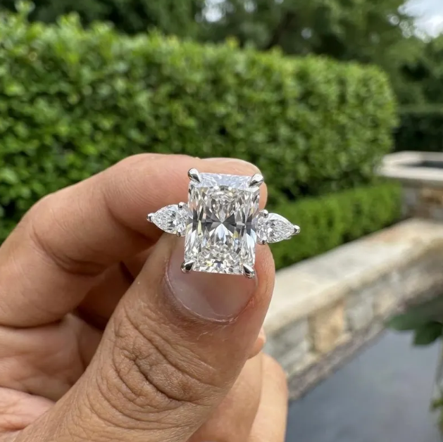 3 CT Radiant Cut E VVS2/VS1 Lab Grown Diamond Engagement Ring, IGI Certified Radiant Diamond Ring, Pear Side Stone Ring, Three Stone Ring