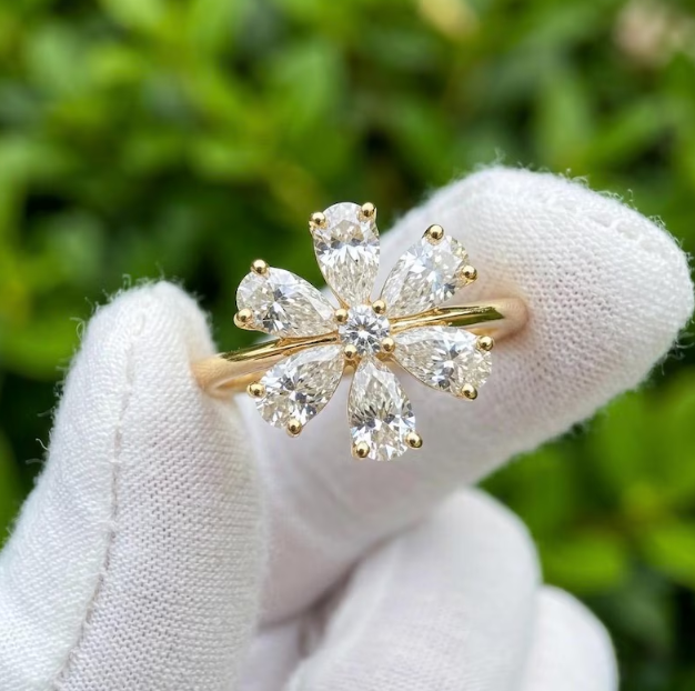 3 TCW Lab Grown Diamond Flower Engagement Ring E VVS2/VS1 - Unique Pear Cut Diamond Petal Ring - Vintage Inspired Cluster Ring