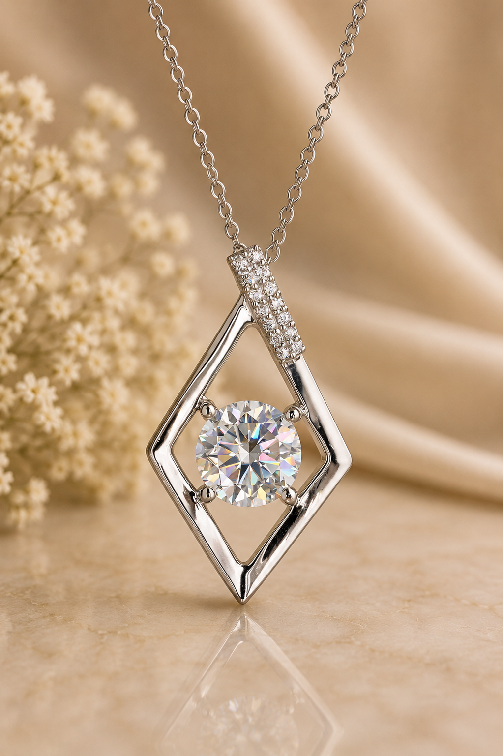 Round Cut Diamond Pendant Necklace, 18K Yellow Gold Twisted Ribbon Design