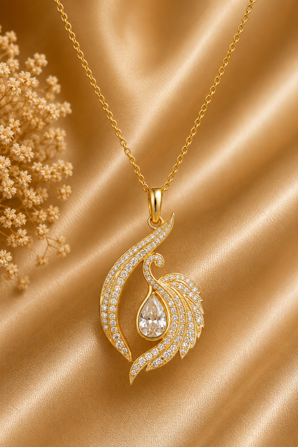 Pear Cut Diamond Swan Pendant Necklace | 18K Yellow Gold Elegant Jewelry