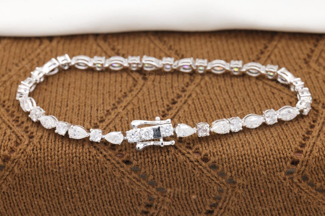 Multi Shape Diamond Moissanite Tennis Bracelet Round East West Marquise & Pear Diamond Bracelet Solid Gold Perfect Anniversary Gift For Her
