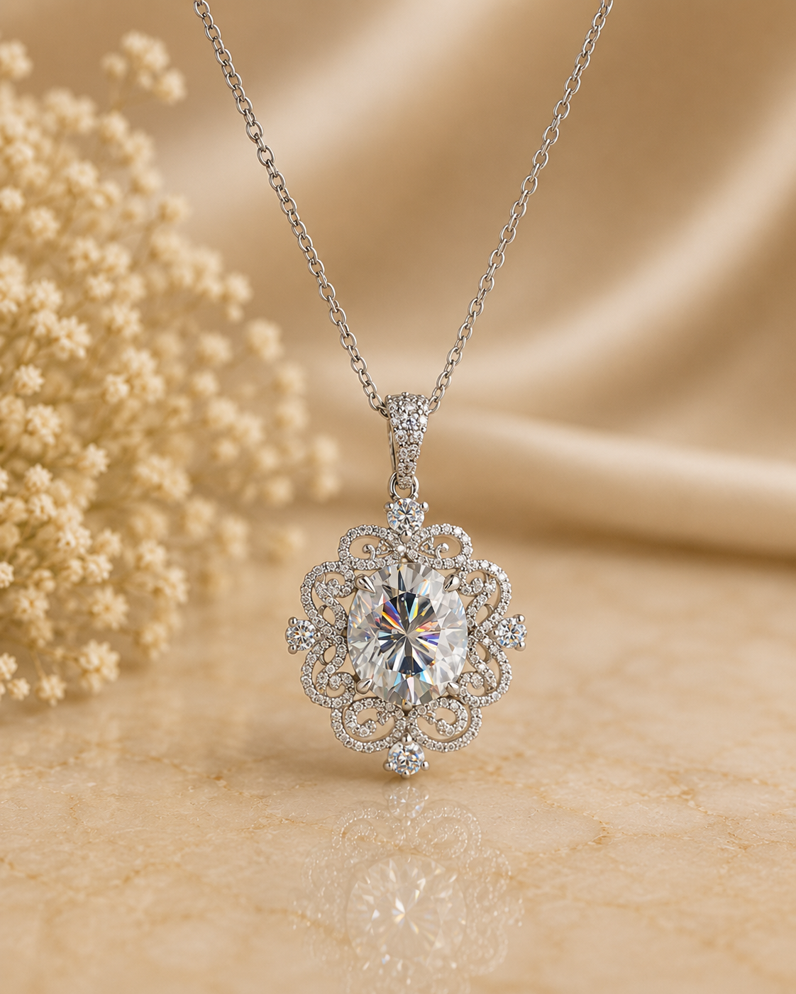 Oval Cut Diamond Halo Pendant Necklace, Vintage Inspired 18K Gold Chain