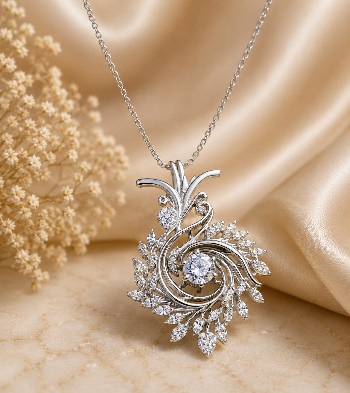Round Diamond Pendant Necklace | 18K Yellow Gold Leaf Design, Nature Inspired Fine Jewelry