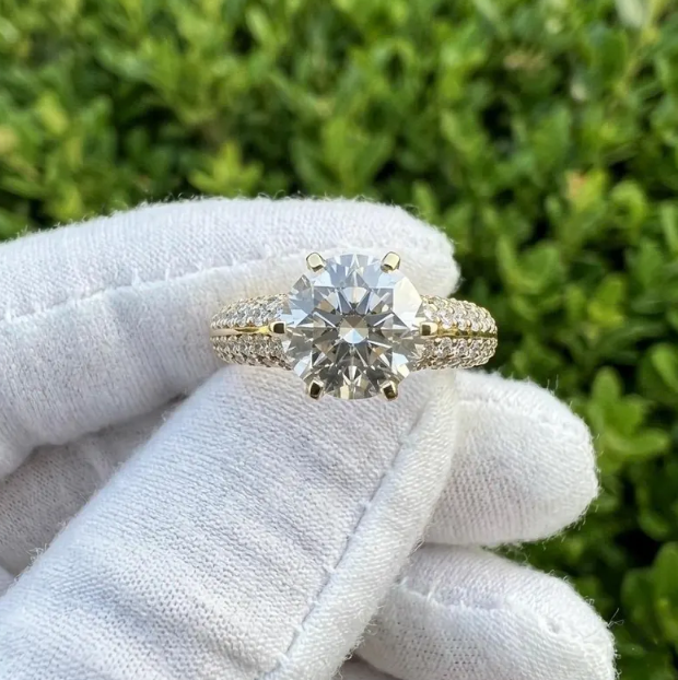 2CT E VVS2/VS1 Round Lab Grown Diamond Engagement Ring | IGI Certified Gold Pave Band | Hidden Halo Diamond Ring | Bridal Ring