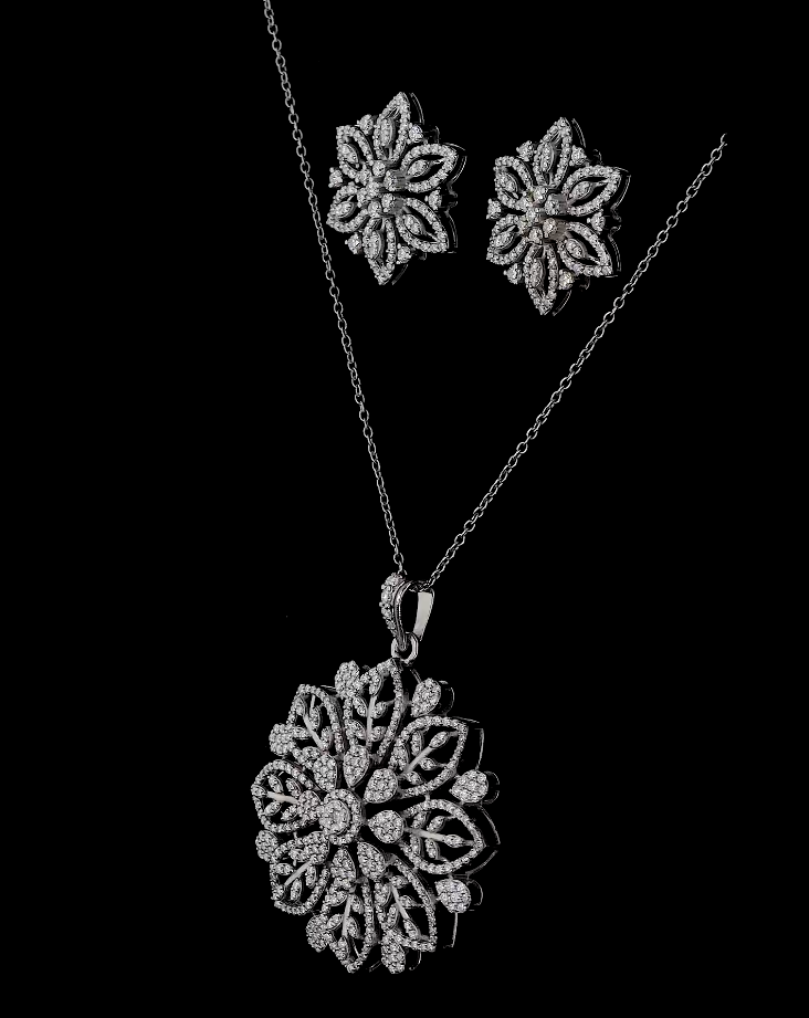 Diamond Flower Pendant Set White Gold Floral Jewelry Luxury Gift for Women