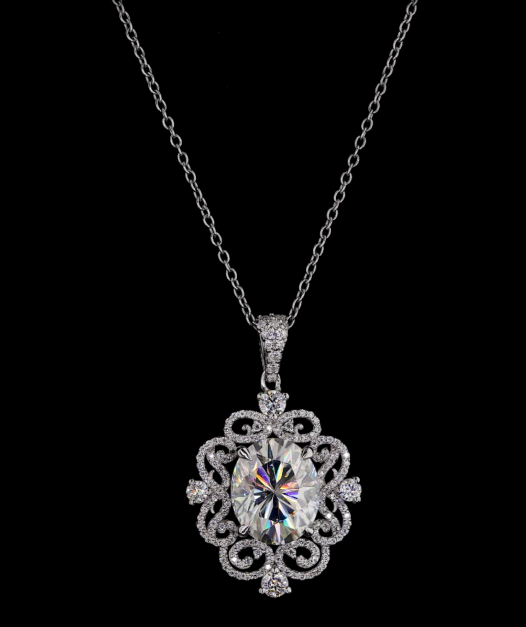 Oval Cut Diamond Halo Pendant Necklace, Vintage Inspired 18K Gold Chain