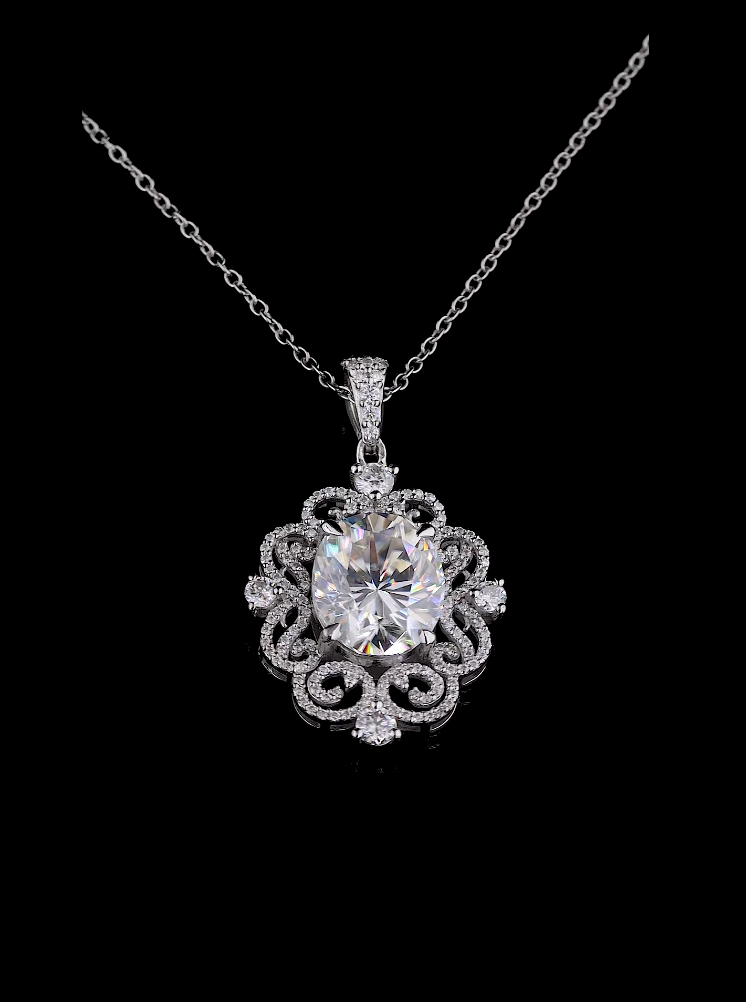 Oval Cut Diamond Halo Pendant Necklace, Vintage Inspired 18K Gold Chain
