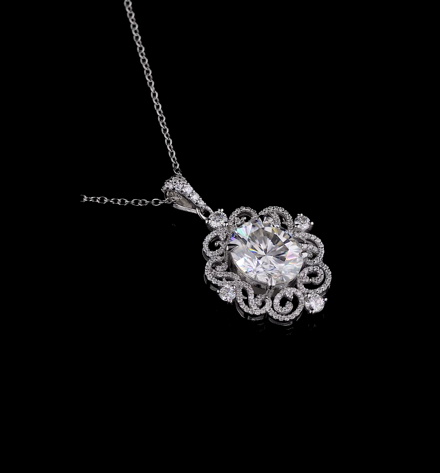 Oval Cut Diamond Halo Pendant Necklace, Vintage Inspired 18K Gold Chain