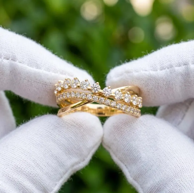 E VVS2 Labgrown Round Diamond Stackable Ring Set, 14K Yellow Gold Pave Diamond Bands, Minimalist Wedding Ring, Fine Jewelry Gift