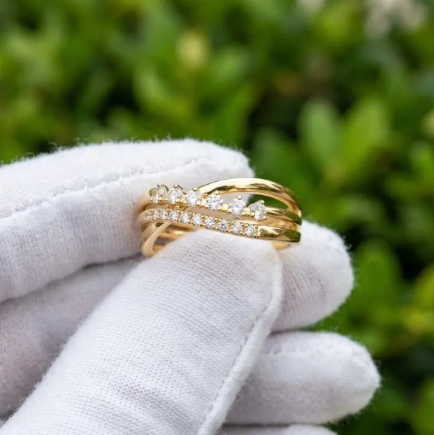 E VVS2 Labgrown Round Diamond Stackable Ring Set, 14K Yellow Gold Pave Diamond Bands, Minimalist Wedding Ring, Fine Jewelry Gift
