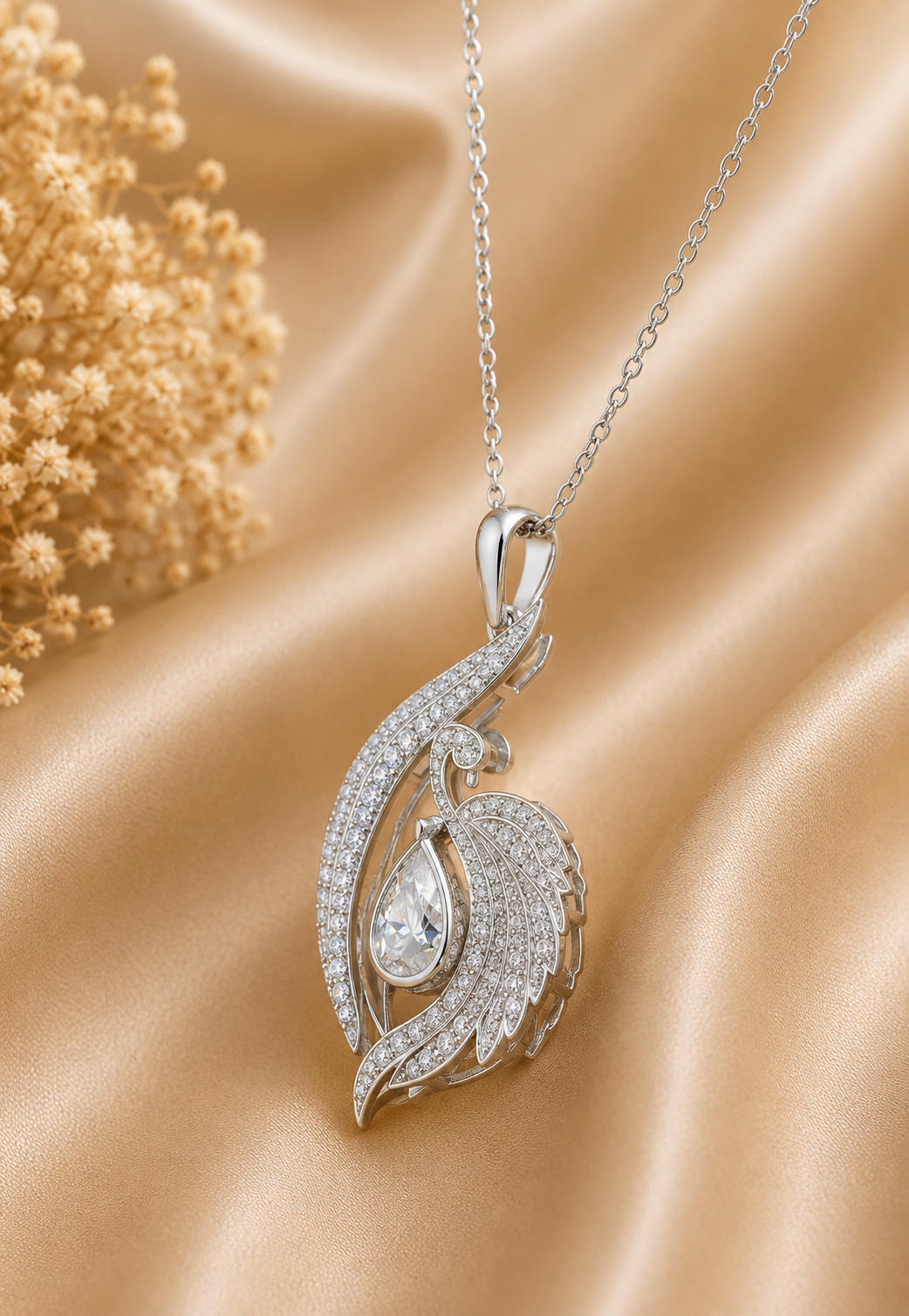 Pear Cut Diamond Swan Pendant Necklace | 18K Yellow Gold Elegant Jewelry