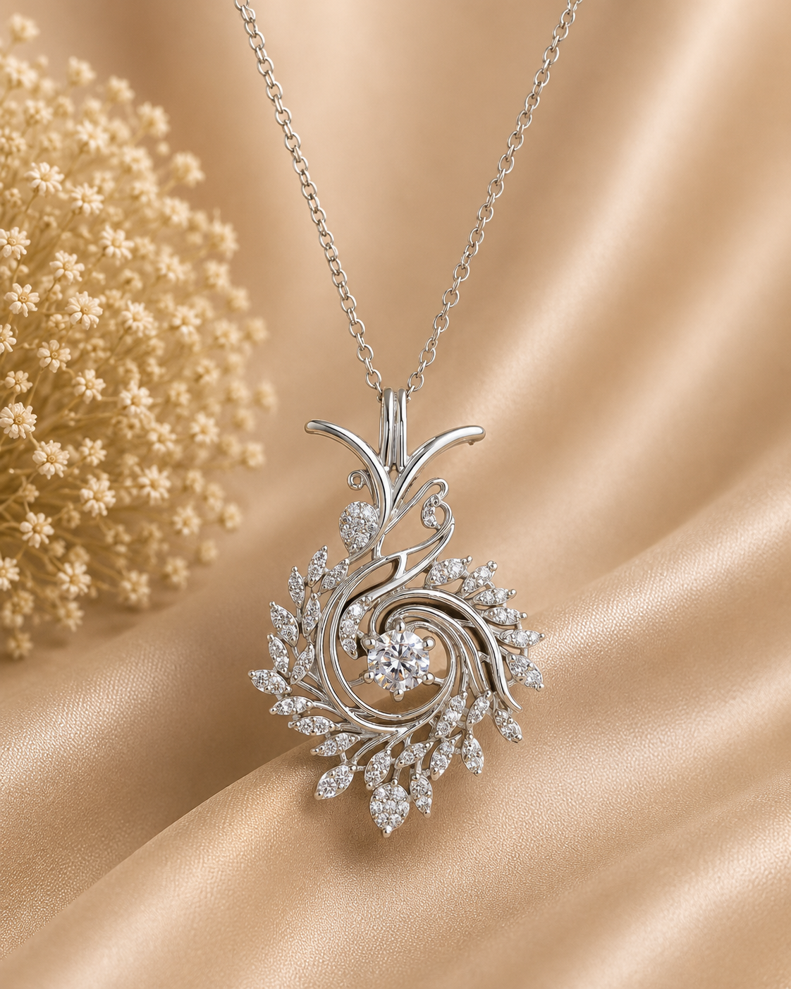 Round Diamond Pendant Necklace | 18K Yellow Gold Leaf Design, Nature Inspired Fine Jewelry