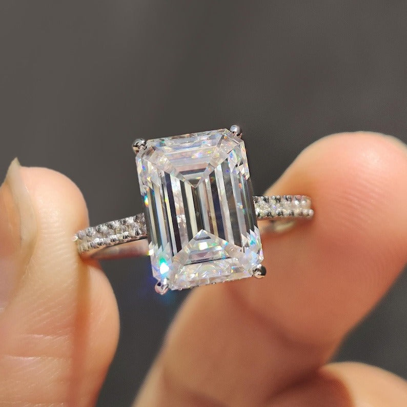 Emerald Cut Lab Grown Diamond Pave Engagement Ring