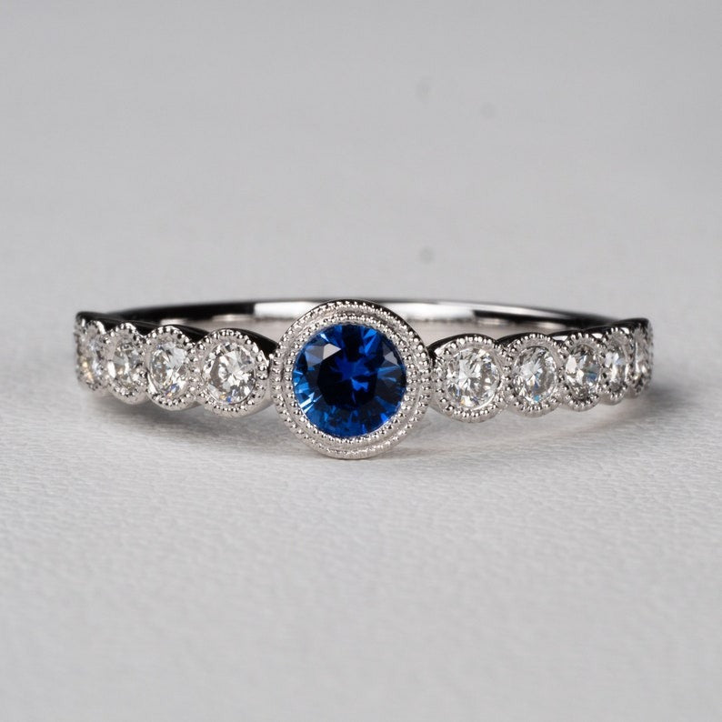 Sapphire Diamond Milgrain Engagement Ring